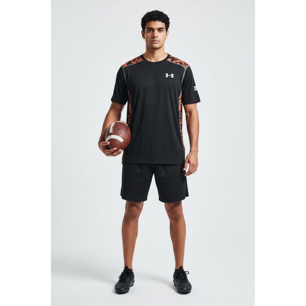 Under Armour Tough Mudder Mens Large Fitted Shirt Black Orange Camo Athletic